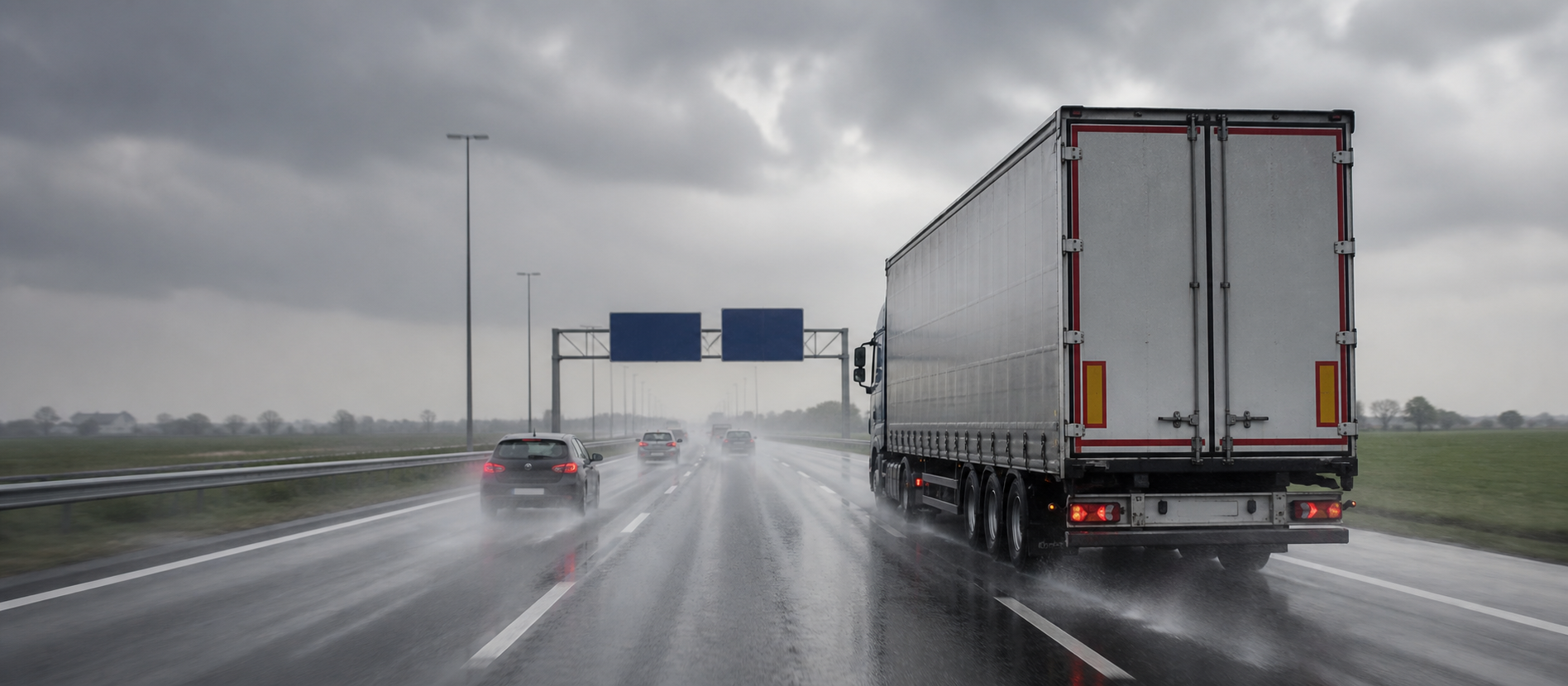 Vrachtwagen op een Belgische snelweg in de regen