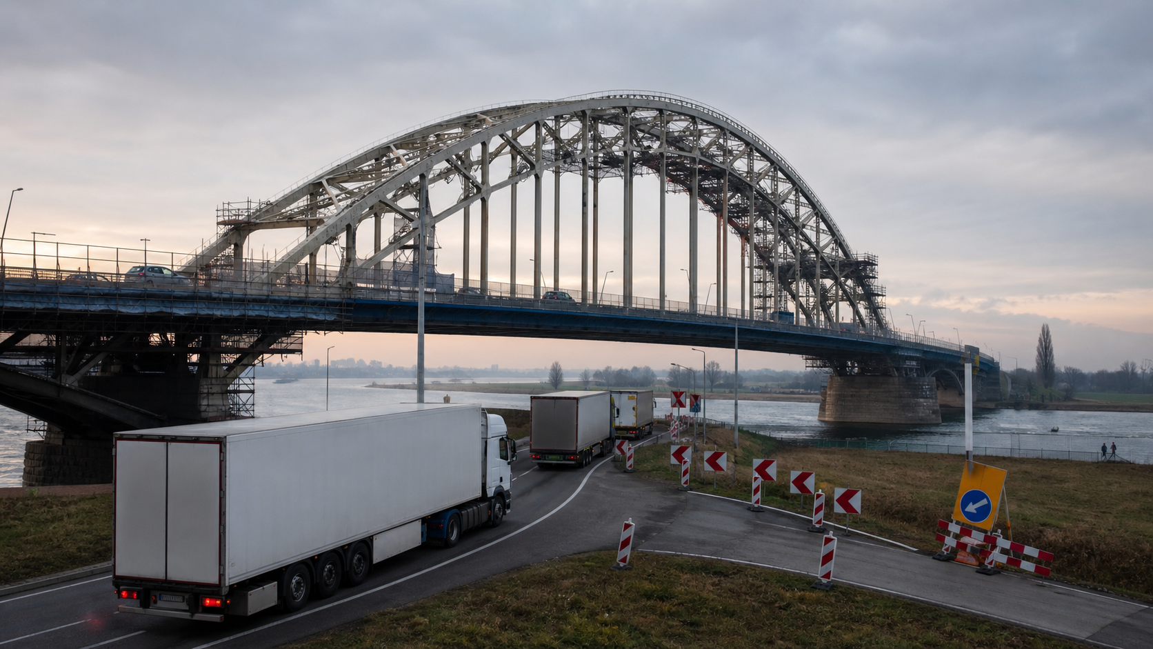 Illustratieve oude brug met vrachtwagens op een omleidingsroute