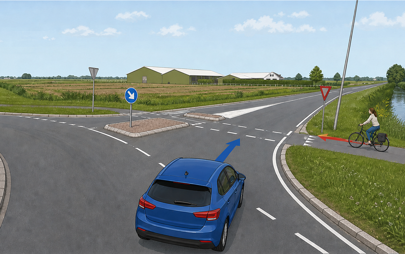 Schematische illustratie van een auto die bij een rotonde een vrijliggend fietspad kruist