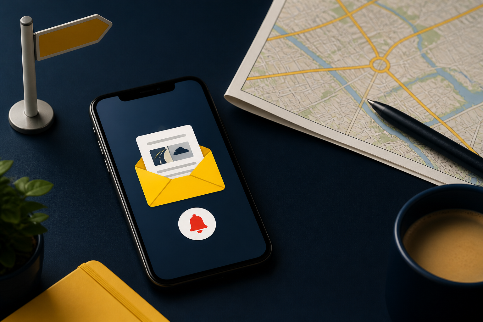 Telefoon met een e-mailmelding naast een wegenkaart