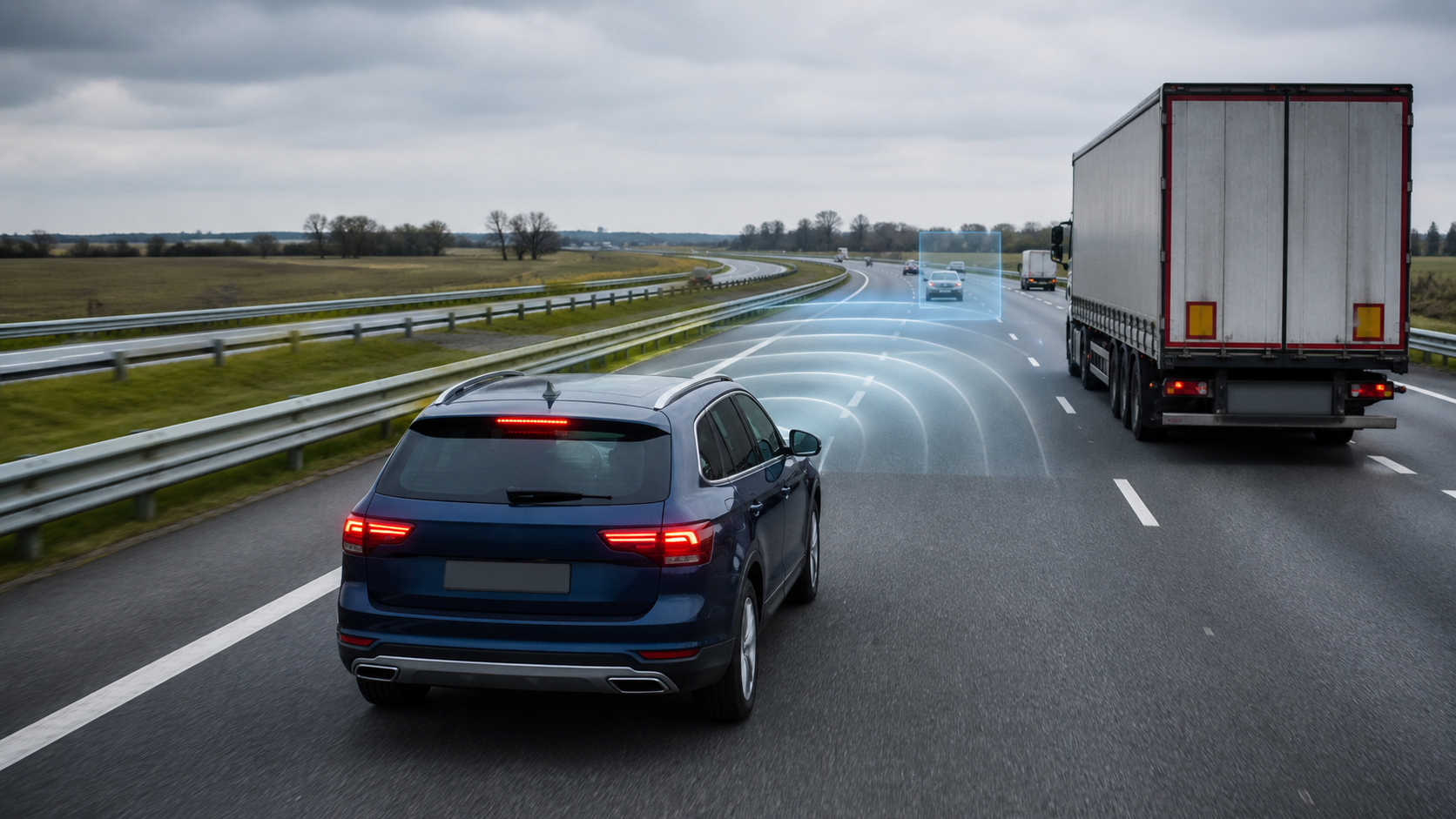 Illustratie van een auto die naast een vrachtwagen op een snelweg automatisch lijkt af te remmen