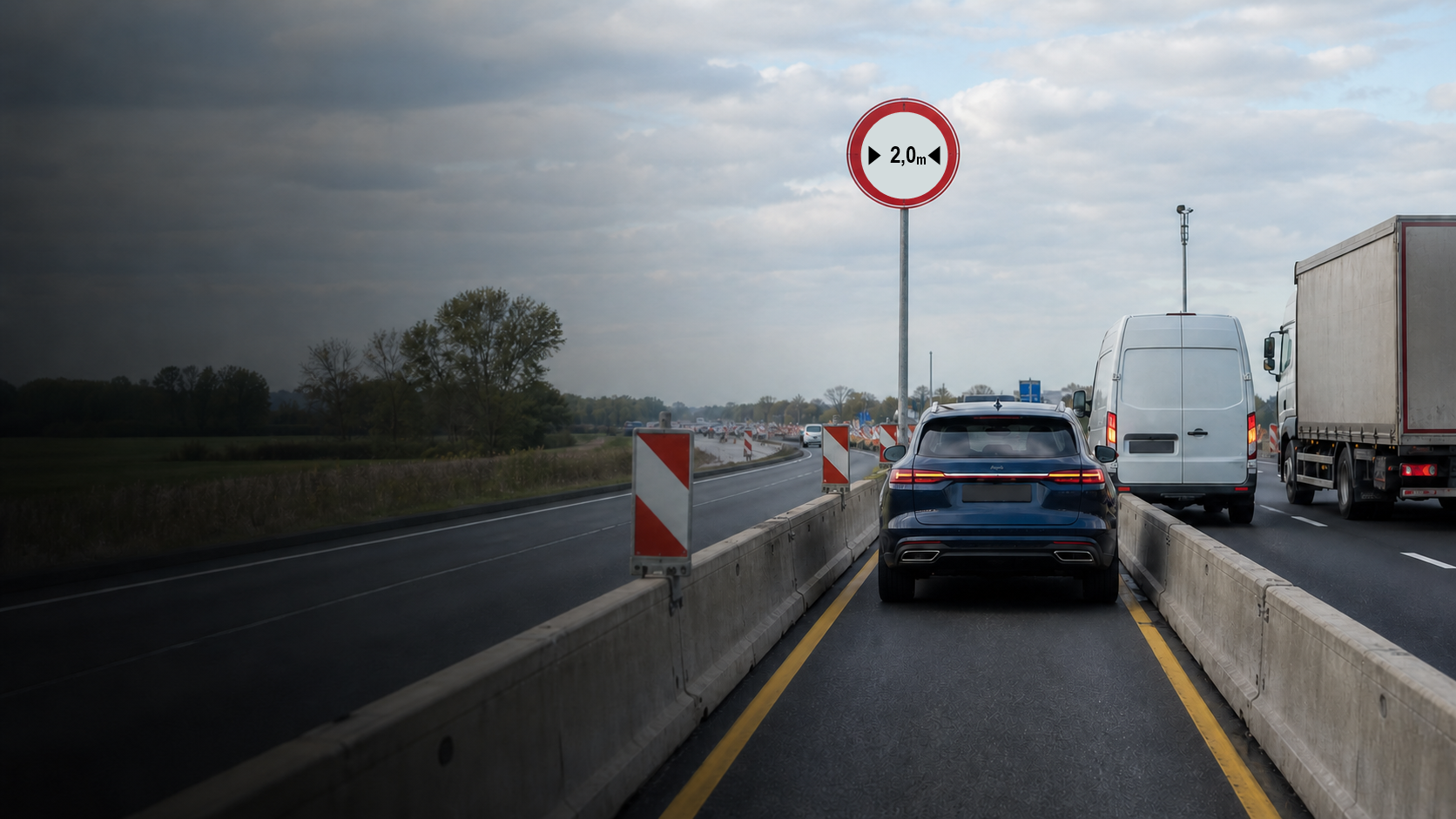 AI-illustratie van een brede auto op een versmalde rijstrook