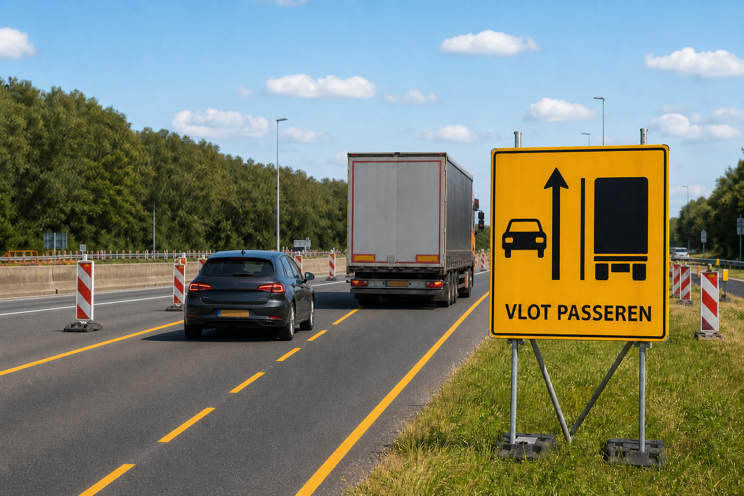 AI-interpretatie van een geel informatiebord dat een personenauto adviseert een vrachtwagen vlot te passeren
