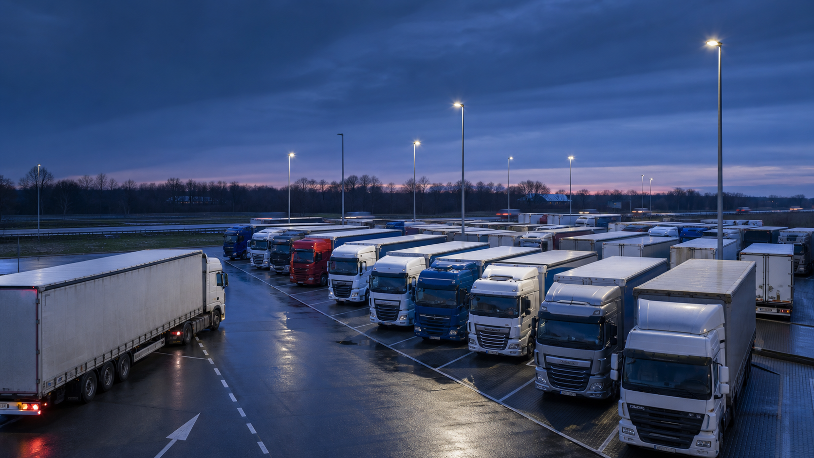Volle vrachtwagenparking bij het vallen van de avond